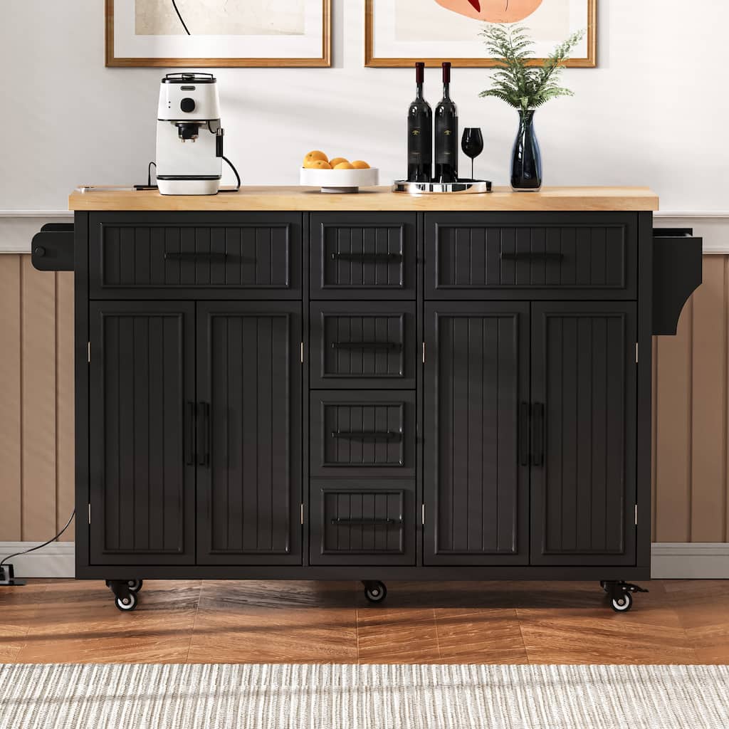 56.5" Kitchen Island with Drop Leaf and Charging Station, Rolling Kitchen Cart on Wheels with Drawers and Adjustable Shelves