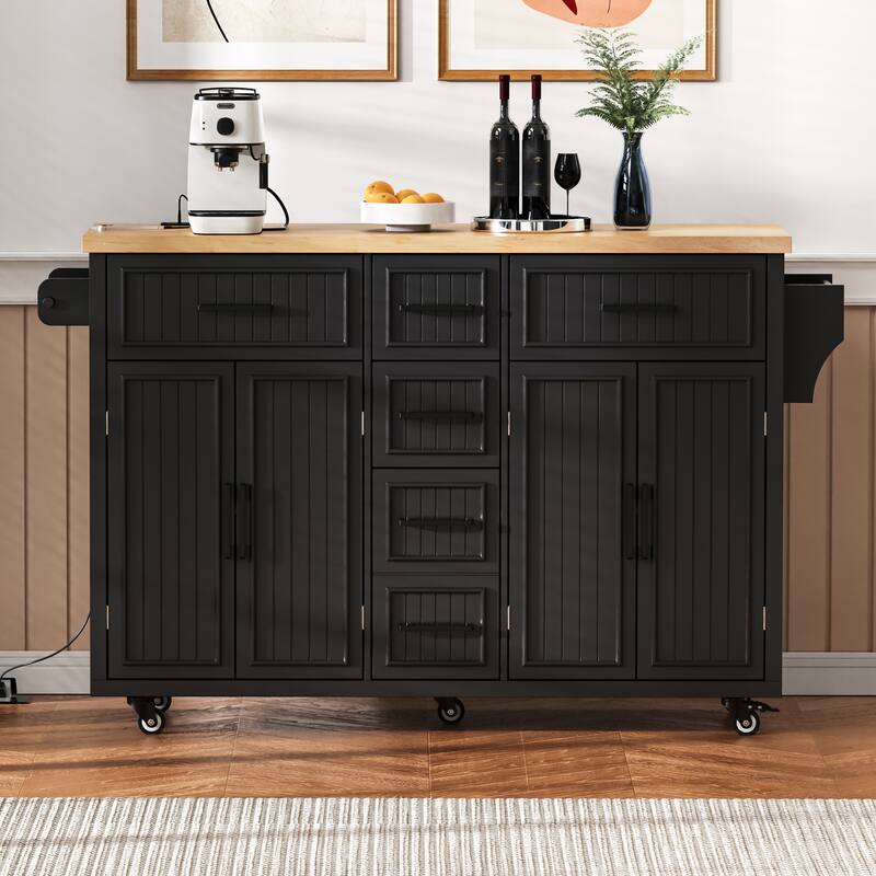 Kitchen Island Embossed Vertical Stripe Rolling Kitchen Cart on Wheels with Drop Leaf,Power Outlet - Black