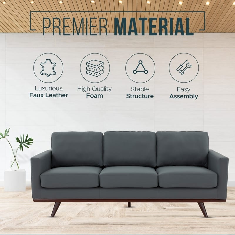 Chester 3 Seater Mid-Century Modern Leather or Mesh Sofa Couch With Birch Wood Frame Armchair for Living Room Bedroom and Office