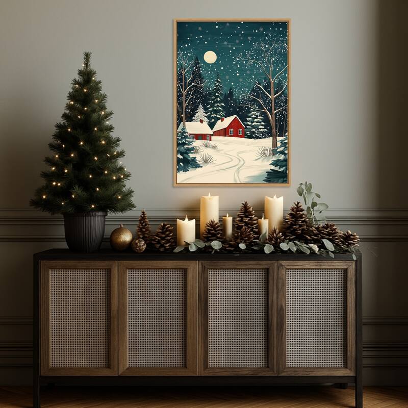 Red Houses and Snowy night sky by Pictufy Studio Framed Canvas Wall Art Print - Sylvie Natural