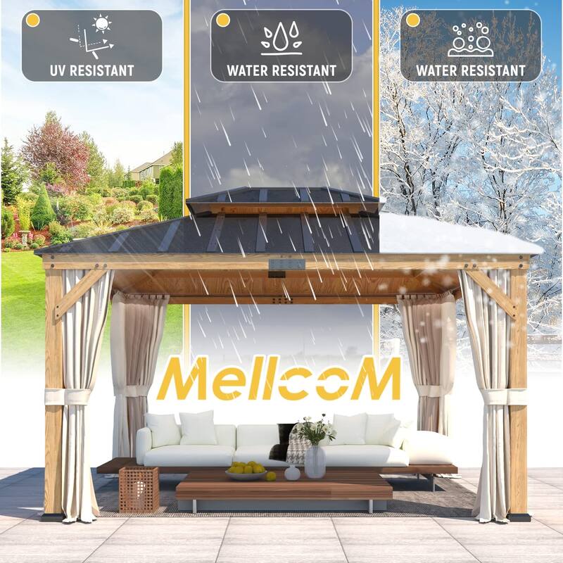 EROMMY 11' x 13' Asphalt Hardtop Gazebo, Spruce Wood Double Roof Gazebo with Waterproof Coated Wood Frame for Patios