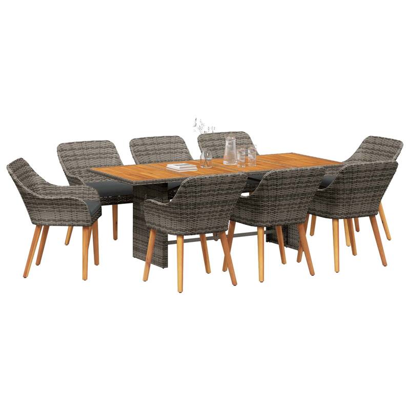 vidaXL Garden Dining Set with Cushion 9 pcs Grey Poly Rattan - 24.61 x 21.65 x 32.28 in