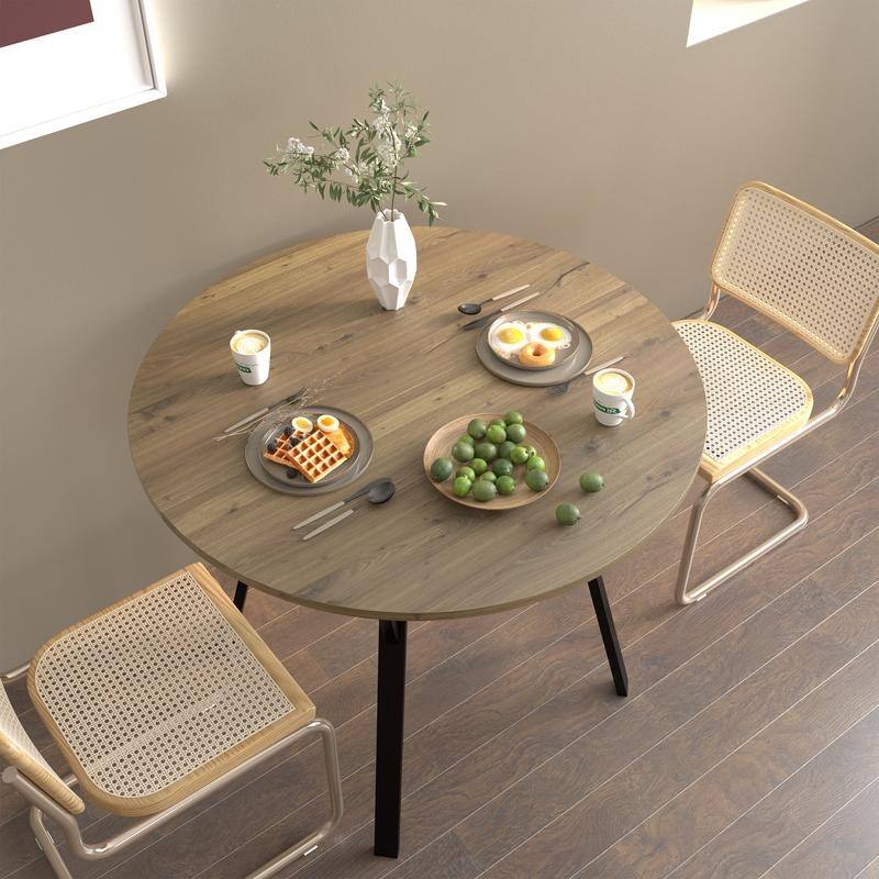 35.43 Inch Round Dining Table with Black Metal Legs, Brown Industrial Kitchen Table(only table)