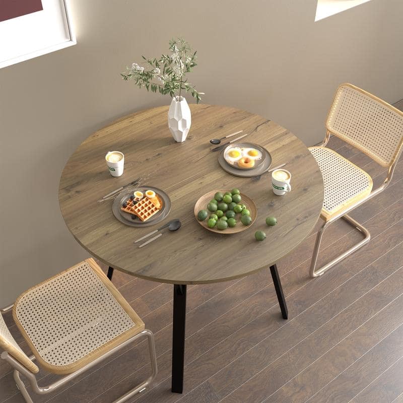 35.43 Inch Round Dining Table with Black Metal Legs, Brown Industrial Kitchen Table(only table)