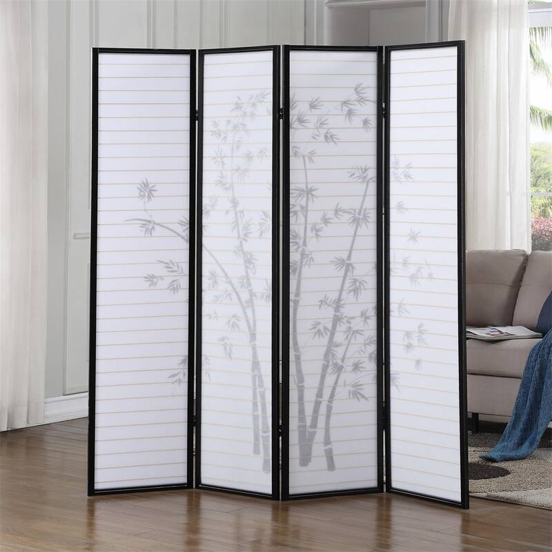 Bamboo Print 4-Panel Framed Room Screen/Divider, Black/White