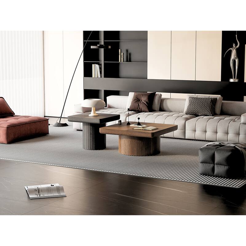 Wood Nesting Coffee Table Set, 2-Piece Coffee Table with Cylindrical Fluted Pedestal, Versatile Nesting Tables for Living Room