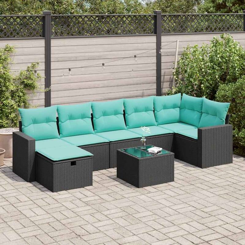 vidaXL 7 Piece Patio Sofa Set with Cushions Black Poly Rattan - 21.7 x 24.4 x 27.2 - 8-piece Black-with storage unit