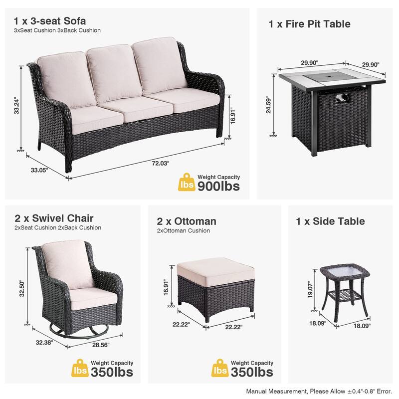 OVIOS 7-piece Patio Swivel Chair Set with 30" Fire Pit