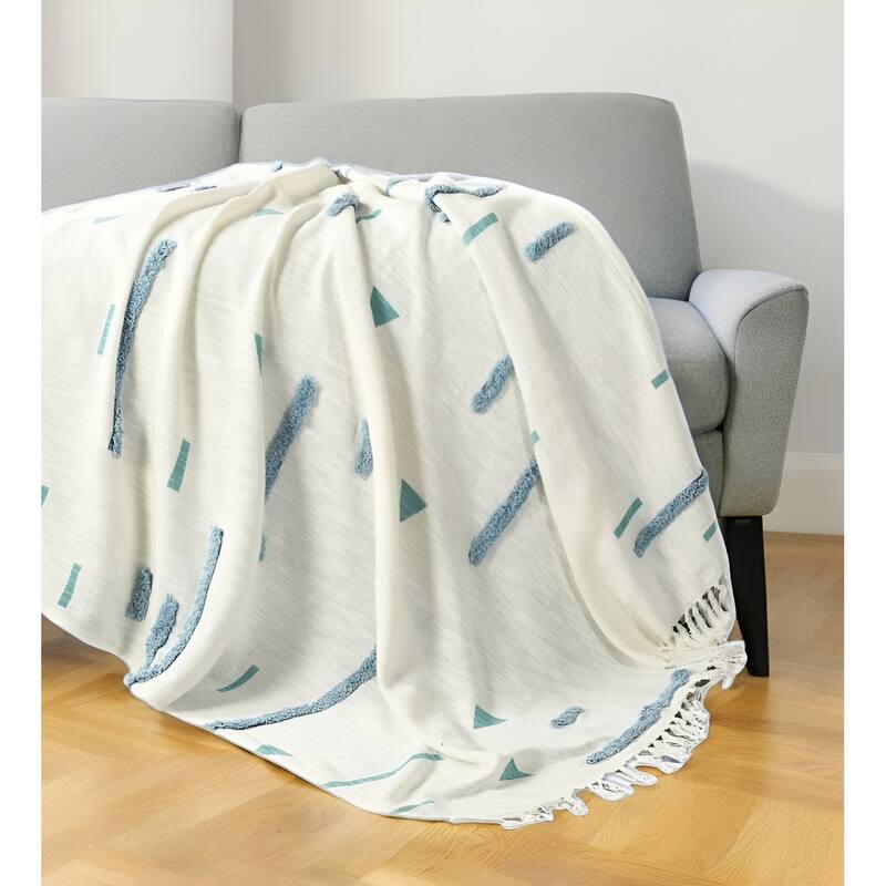 50" X 60" Cream Kantha Cotton Geometric Throw Blanket with Embroidery - Throw