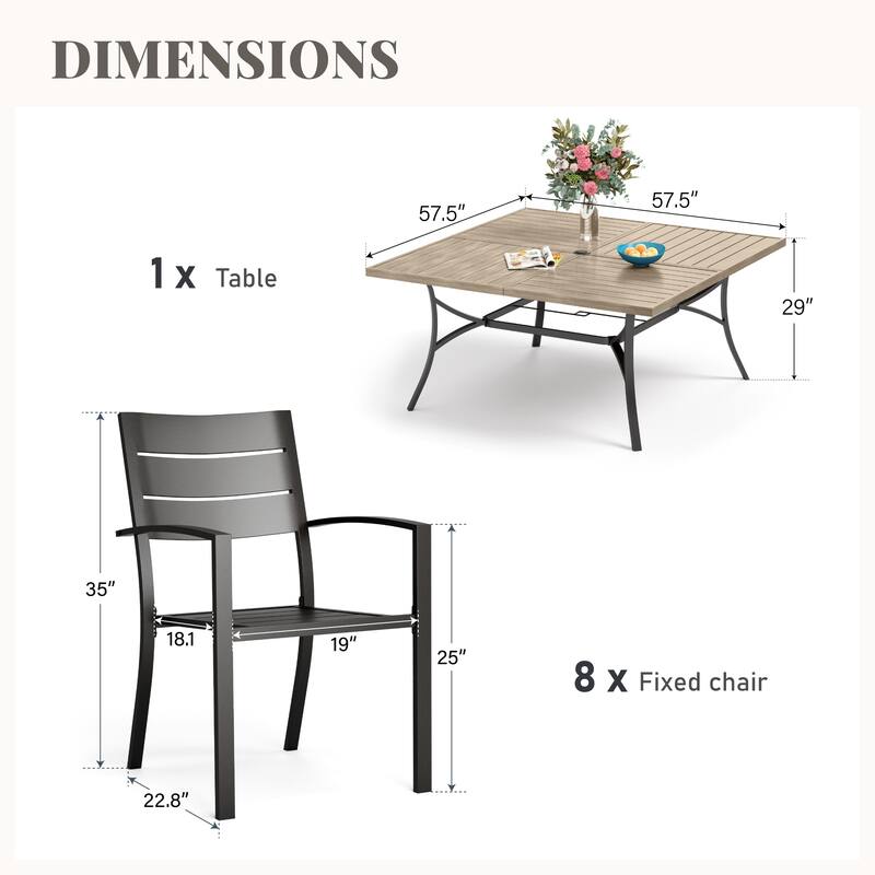 MAISON ARTS 9 Pieces Outdoor Patio Dining Set for 8, Metal Steel Table with Umbrella Hole & Stackable Chairs