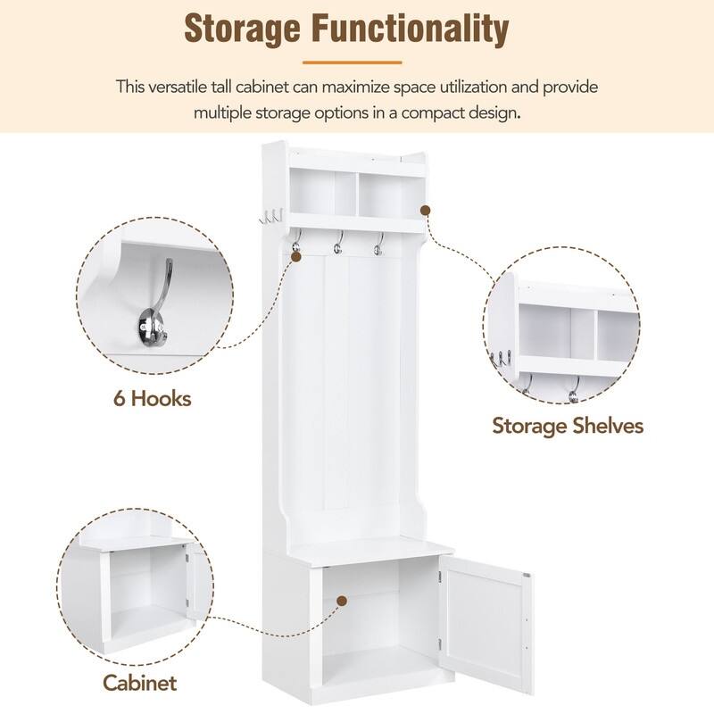 Trendy Minimalist Hall Tree, Cabinet and 6 Hanging Hooks, Versatile Storage Bench with Coat Rack, Stylish Foyer Cabinet