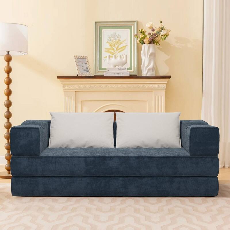 80" Convertible Couch Bed with Removable Cushions and Pillows, 3-Seat Folding Floor Couch & King Size Bed Mattress - Blue