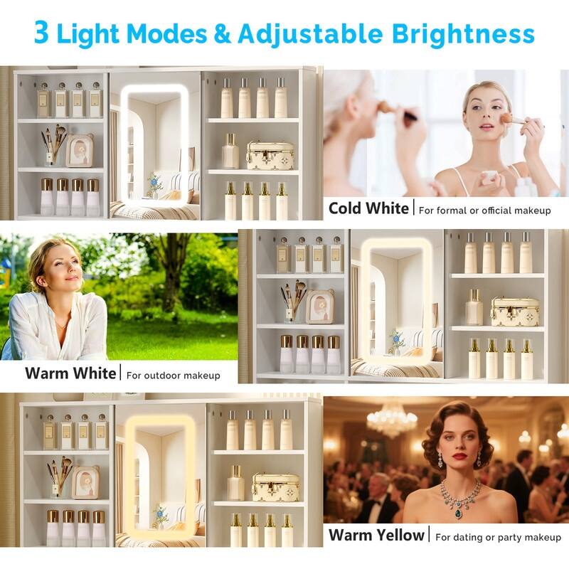 Particle Board Veneered, 2-drawer 3-compartment Left-right 3-tier Shelf, Glass Tabletop, Side Panel Storage Style Dressing Table