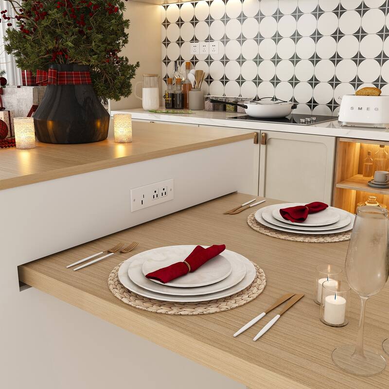 Expandable Kitchen Island with Dining Table, Wood Kitchen Table with Power Outlet, Mobile Storage Cart with 2 Drawers