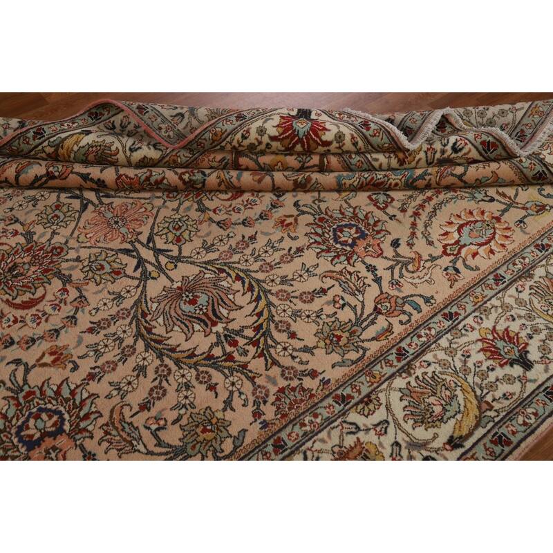 Hand Knotted Oriental 100% Wool Carpet Traditional All-Over Peach Tabriz Area Rug - 11' 2'' X 7' 7''