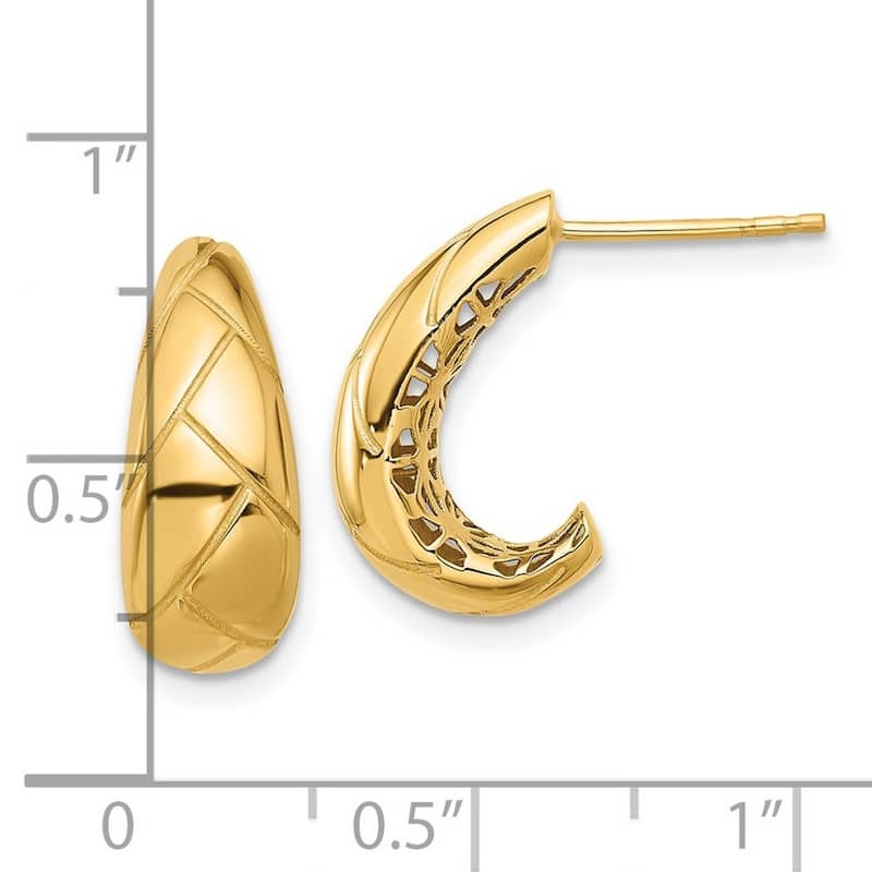 Curata 14k Yellow Gold Polished and Etched J hoop Post Earrings - 17.25x7mm