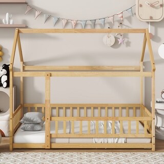 Twin Size Wooden House Floor Bed with Roof Frame, Safety Guardrails, Natural