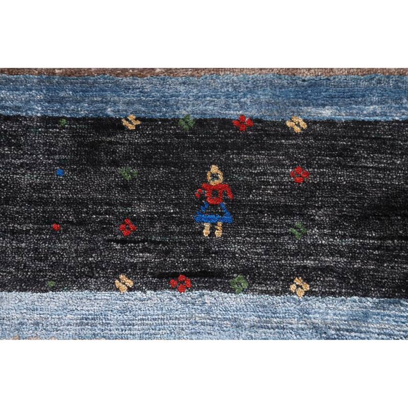 Hand Knotted Oriental Viscose Silk Carpet Tribal Stripe Greys & Charcoal Gabbeh Area Rug - 9' 7'' X 8' 5''