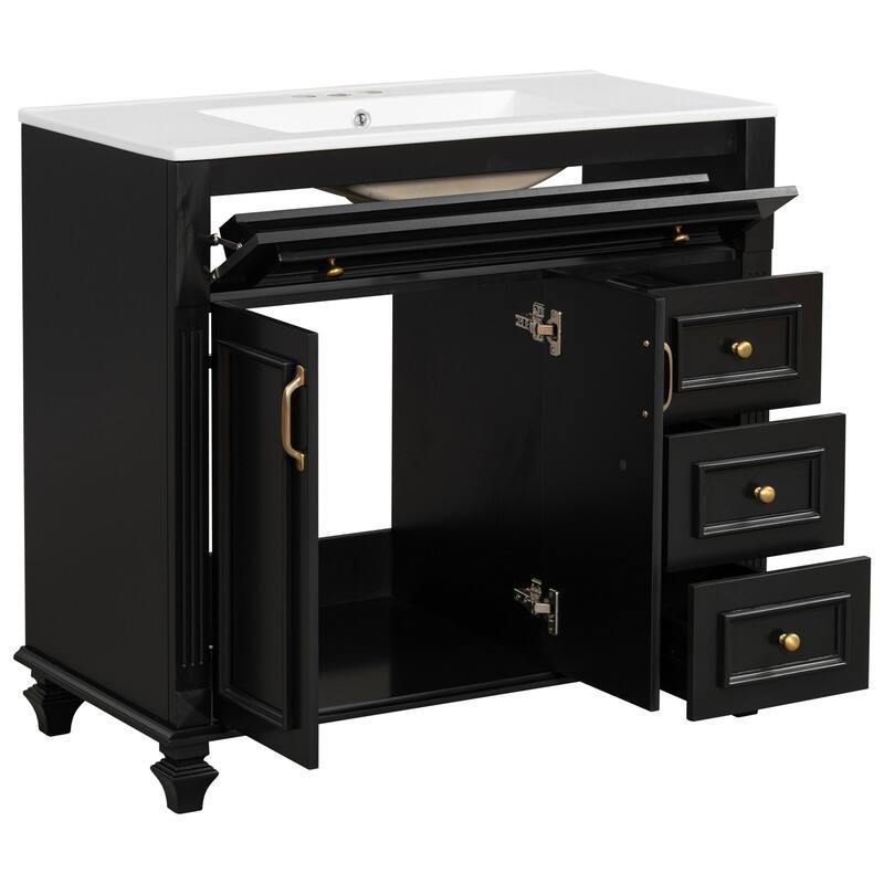 36" Bathroom Vanity with Ceramic Sink, Freestanding Bathroom Vanity Cabinet with Flip-Out Drawer, 3 Drawers & 2 Soft-Close Doors