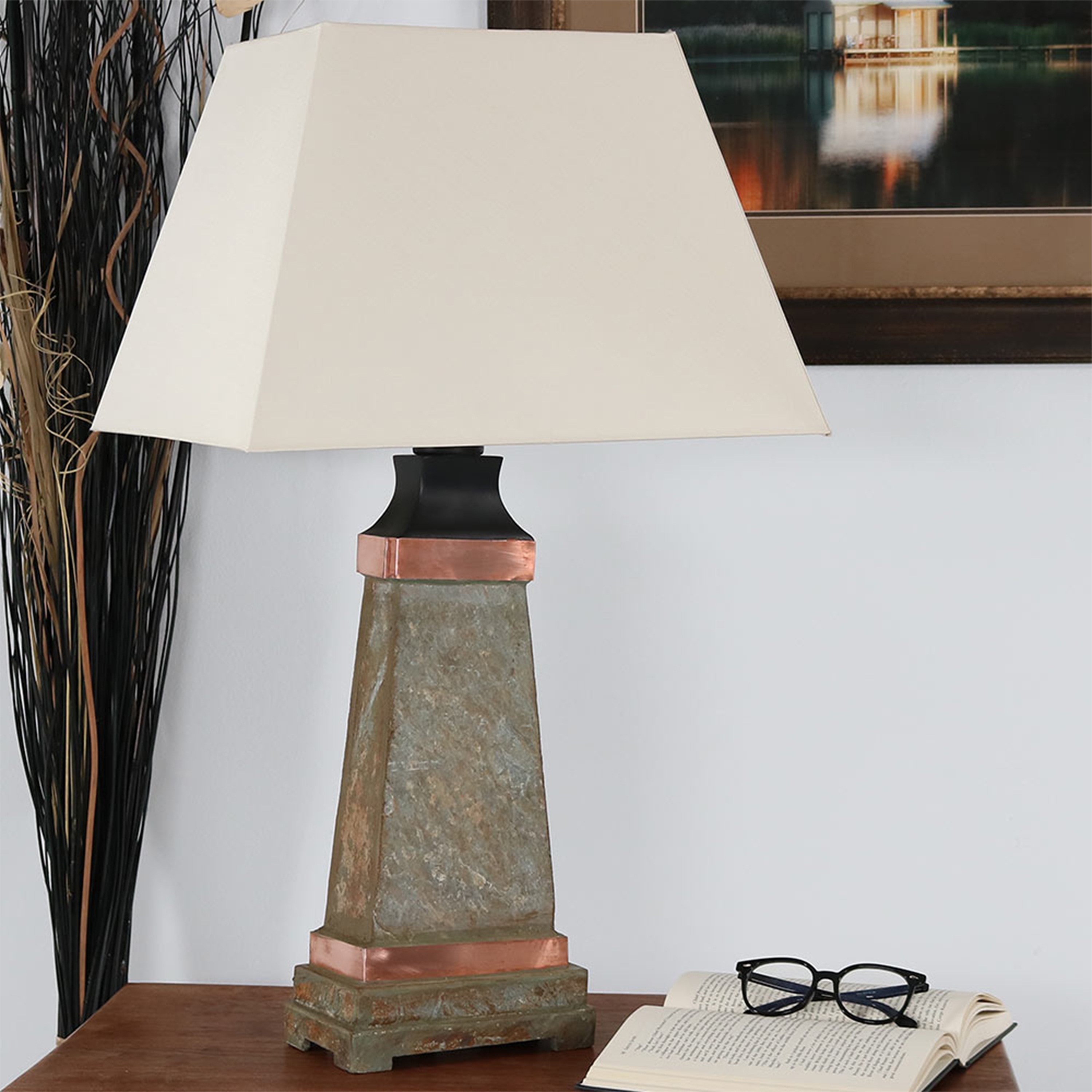 Sunnydaze Indoor Outdoor Copper Trimmed Slate Table Lamp