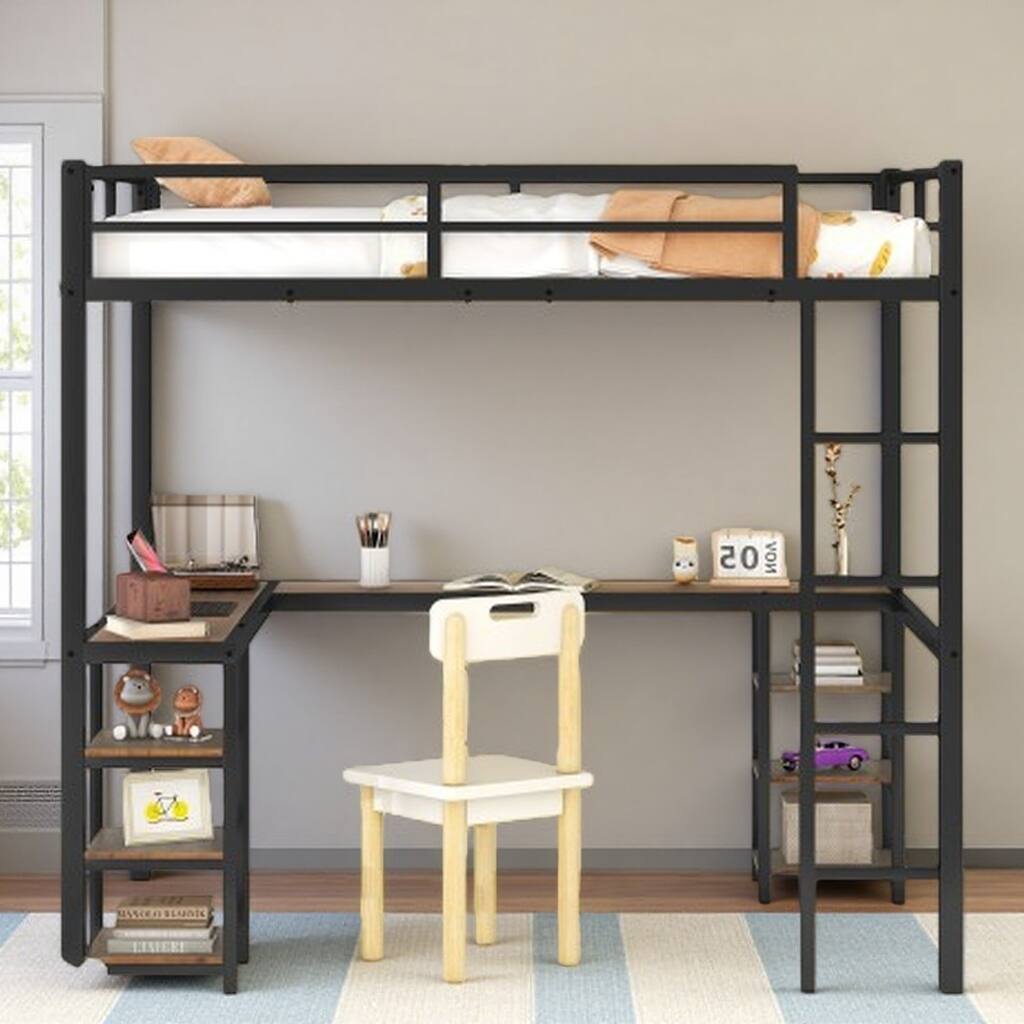 Full Size Metal Loft Bed with Corner Desk and Bookshelves, L-Shaped Workstation and Safety Guardrails, Vintage Wood-Look Desk