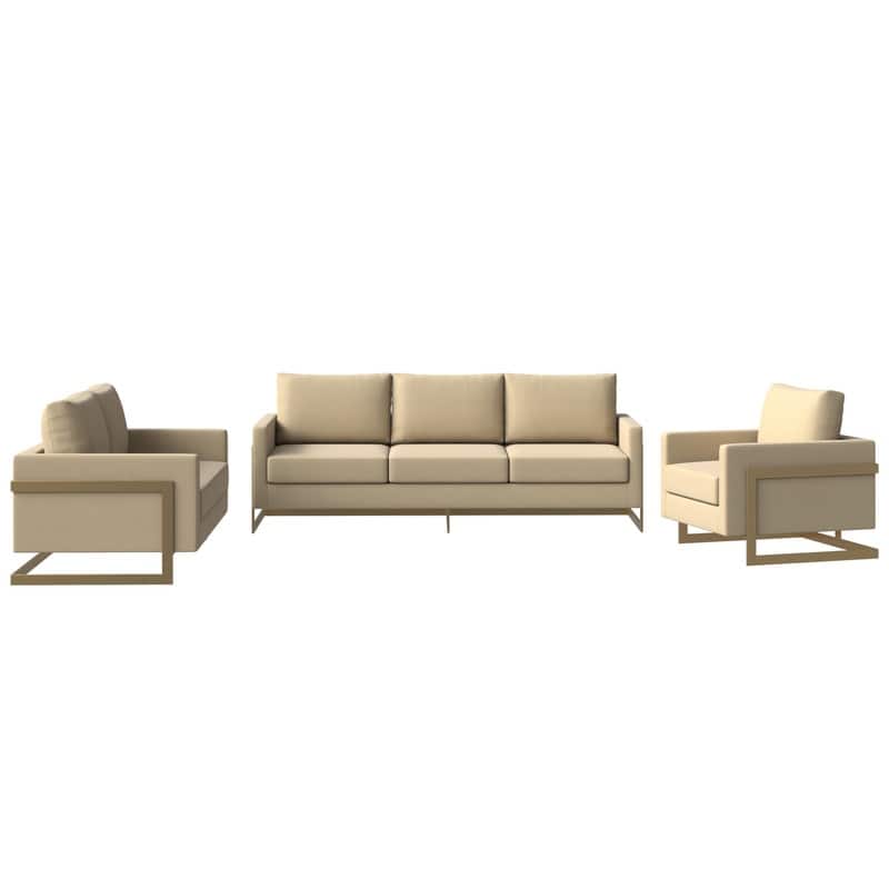 Lincoln Modern Leather 3-piece Sofa Set Accent Armchair in Gold Steel Base with Removable Cushion for Living Room or Office