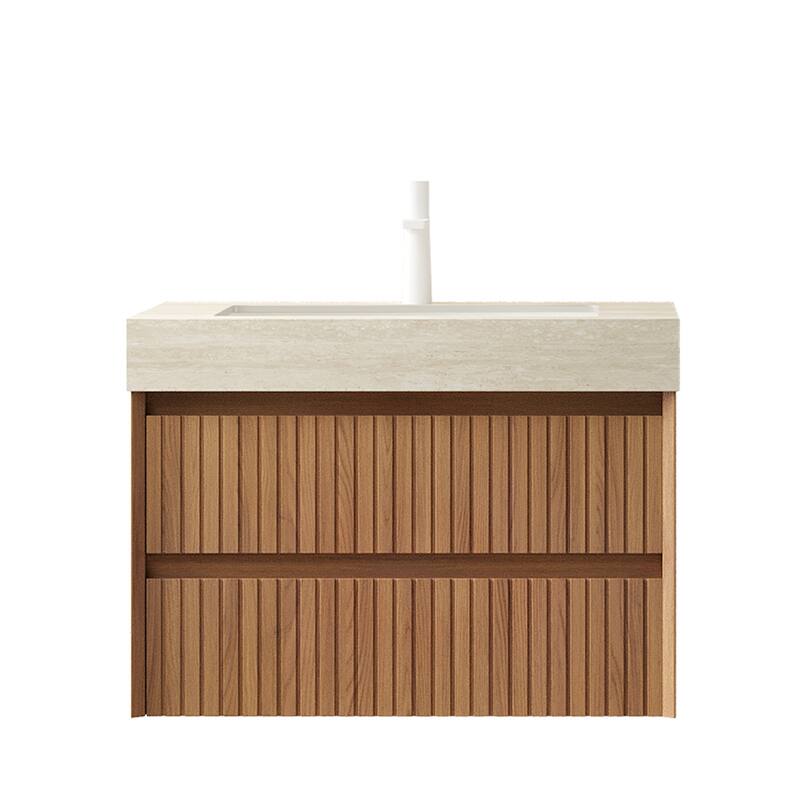 GDFStudio - Tilley Modern Floating Bathroom Vanity with Striped Wood Drawer Fronts & Ceramic Undermount Basin