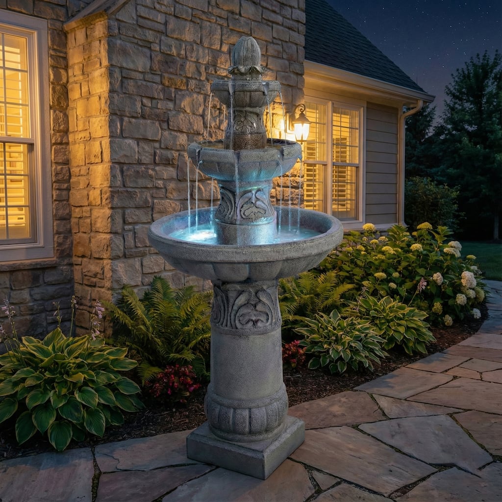 GDFStudio - Modern 52''H Outdoor/Indoor 3-Tier Floor-Standing Bubbler Fountain with Cascading Waterfalls, LED Lights & Pump