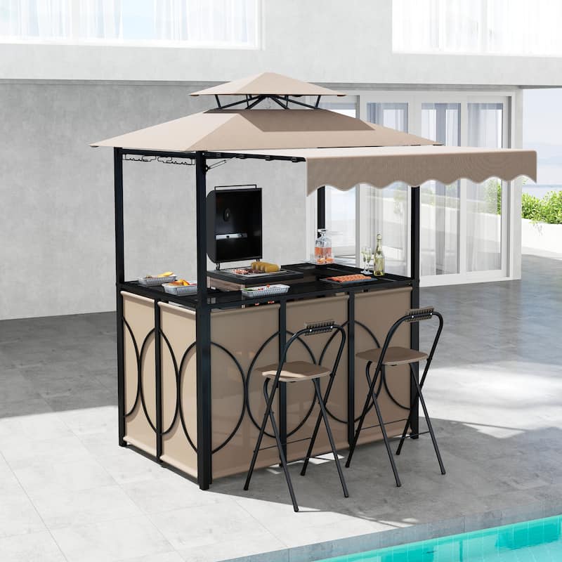 Gymax 3-Piece Outdoor BBQ Canopy w/ Bar Table & 2 Foldable Bar Chairs - Brown
