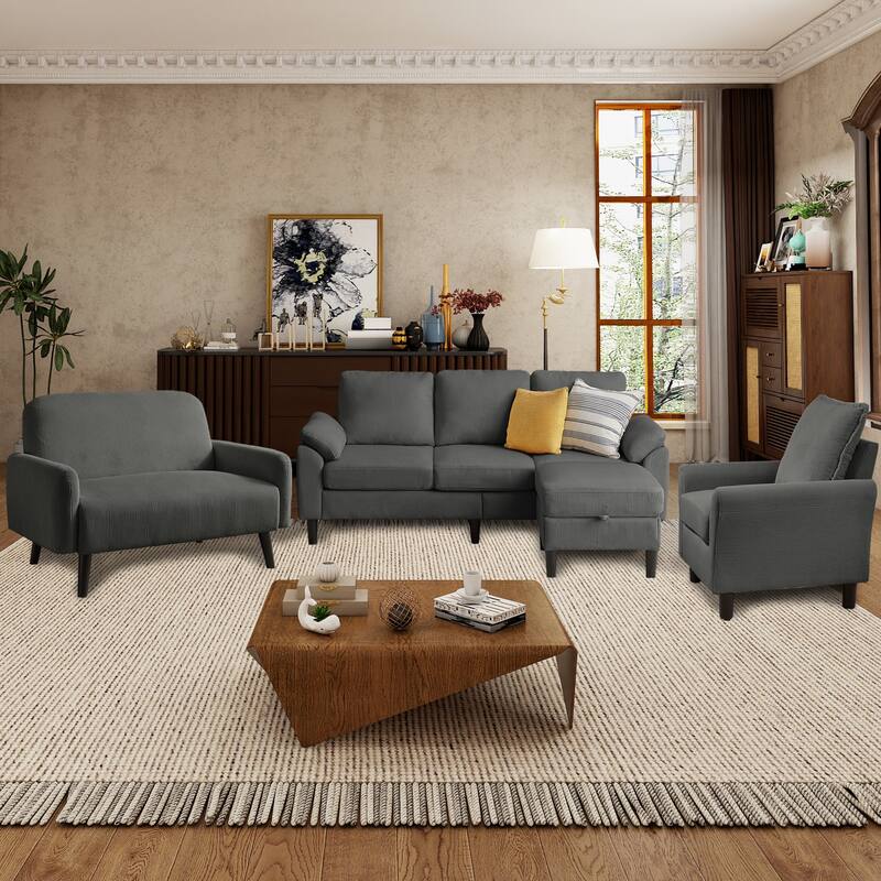 4 Pieces Corduroy Living Room Sets with Sofa, Ottoman and Loveseat - Dark Grey