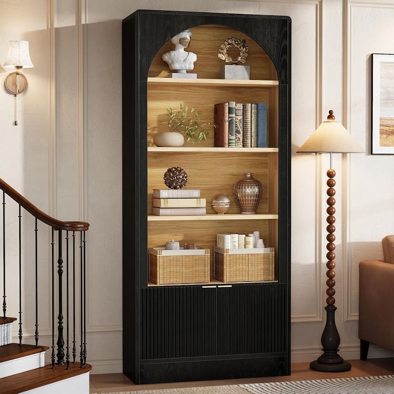 71" Tall 5-Tier Modern Arched Black Bookcase with Cabinet and Fluted Cabinet - 11.81"D × 31.5"W × 70.87"H