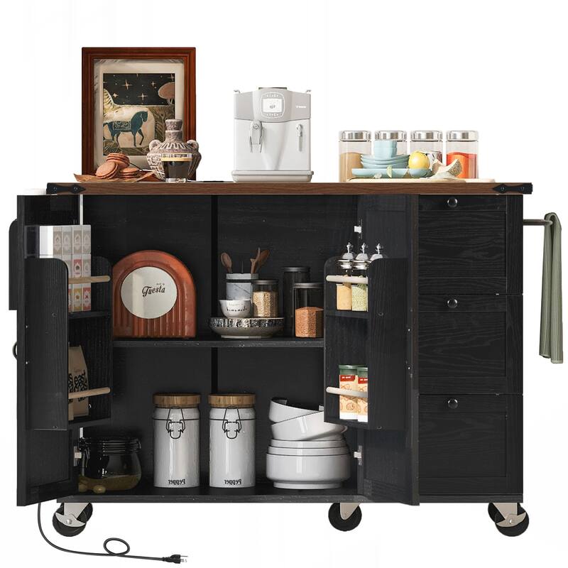 Kitchen Storage Island with Internal Storage Rack, Drop Leaf, Spice Rack, Rolling Kitchen Cart on Wheels