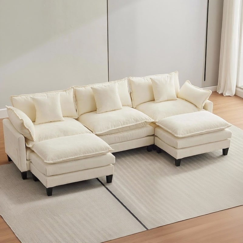 3-Seater Modular Sectional Sofa with Ottoman, 112.2" - Beige