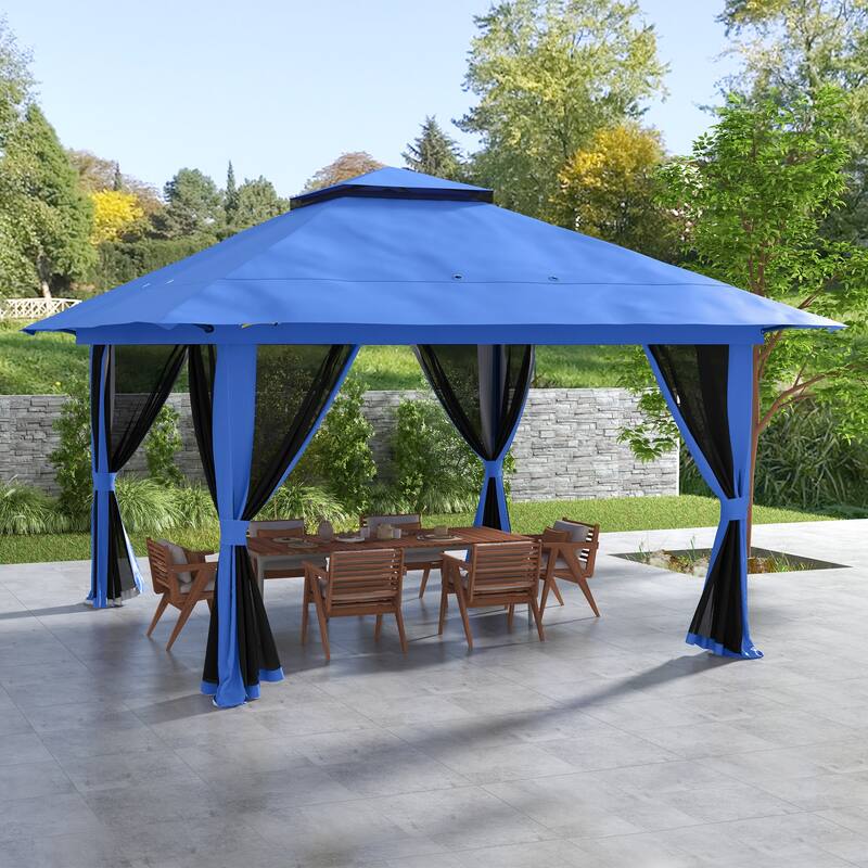 Outsunny 13' x 13' Pop Up Gazebo with Netting, Foldable Patio Canopy Tent with 2-Tier Roof, Adjustable Height Shelter - Blue