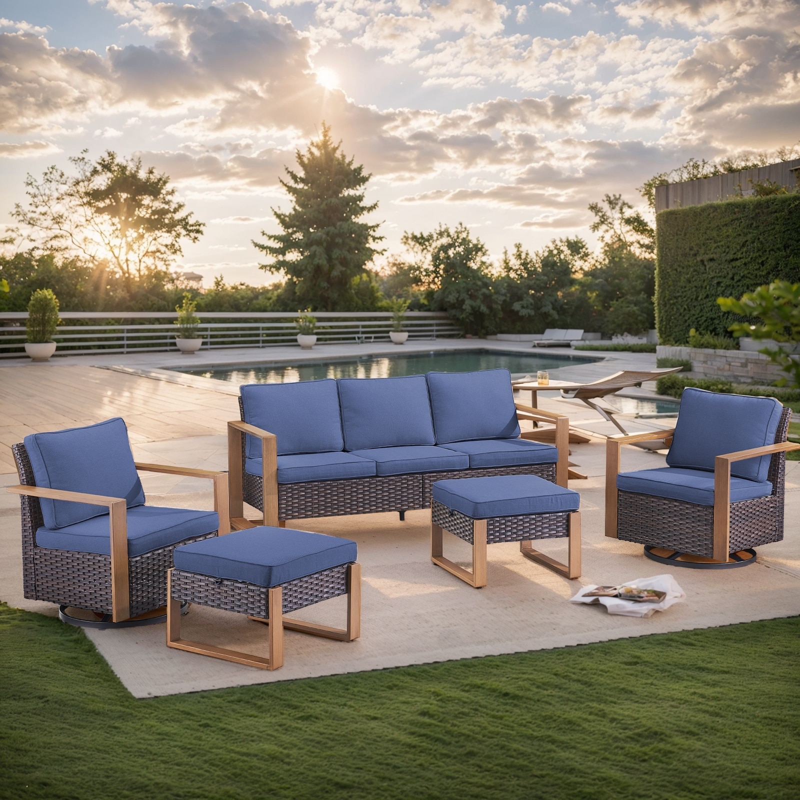 Gymojoy Outdoor Wicker Rattan Sofa Patio Rcoking Chair Ottomans
