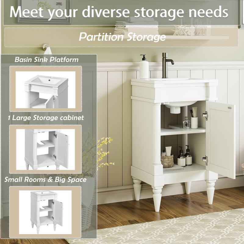 GDFStudio - Wexford Retro Freestanding Bathroom Vanity with Ceramic Sink, Solid Pine Wood Legs & Adjustable Shelf - 18'W