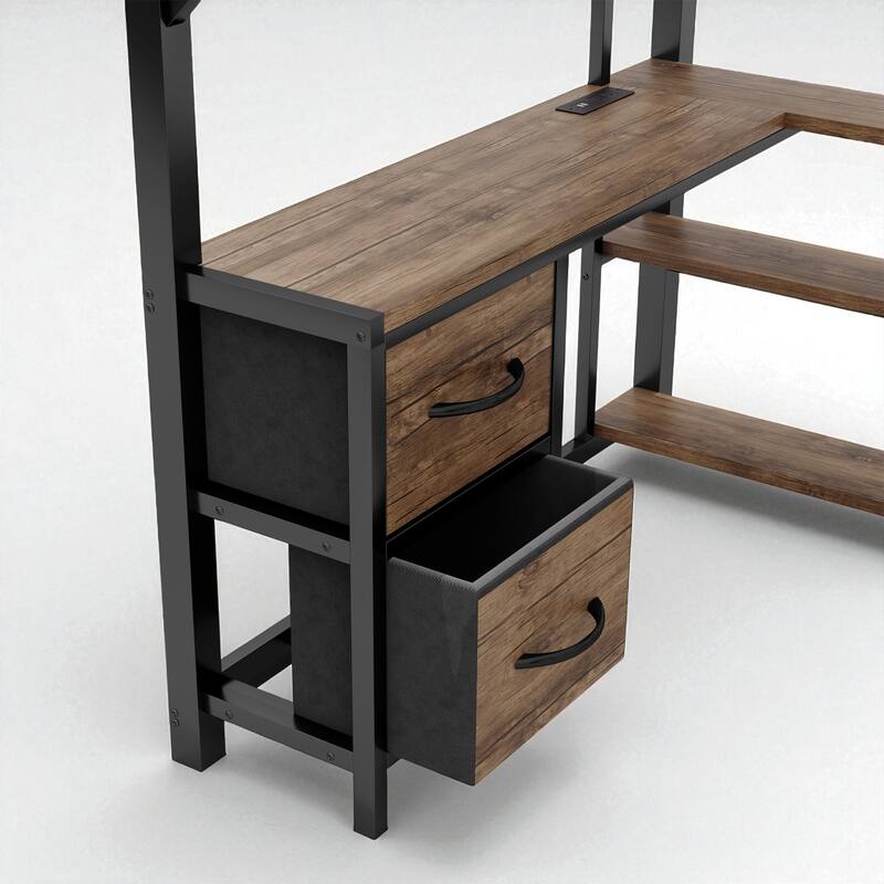 Full/Queen Size Metal Loft Bed with Desk, LED Lights, USB Ports, Shelves, Drawers, and Wardrobe, Black