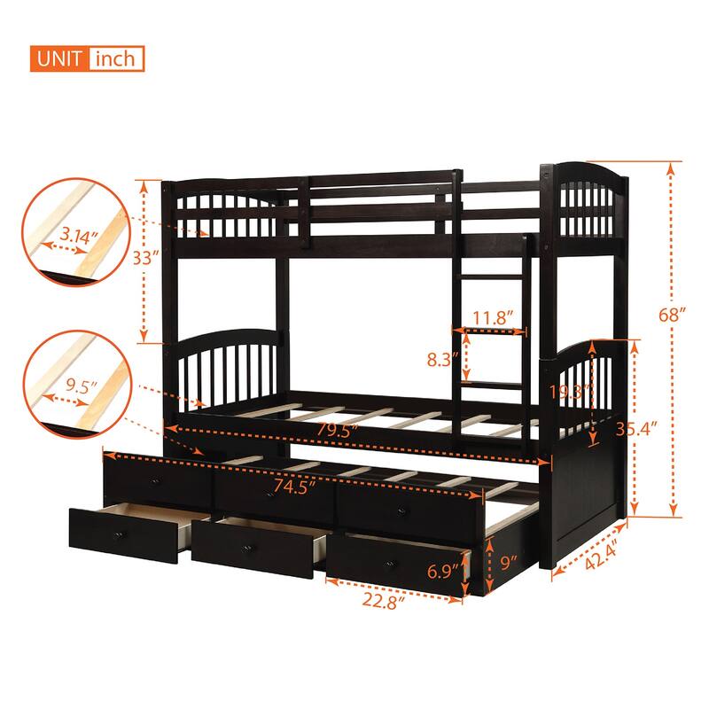Twin Bunk Bed with Ladder, Safety Rail, and Trundle with 3 Drawers for Teens and Guest Rooms