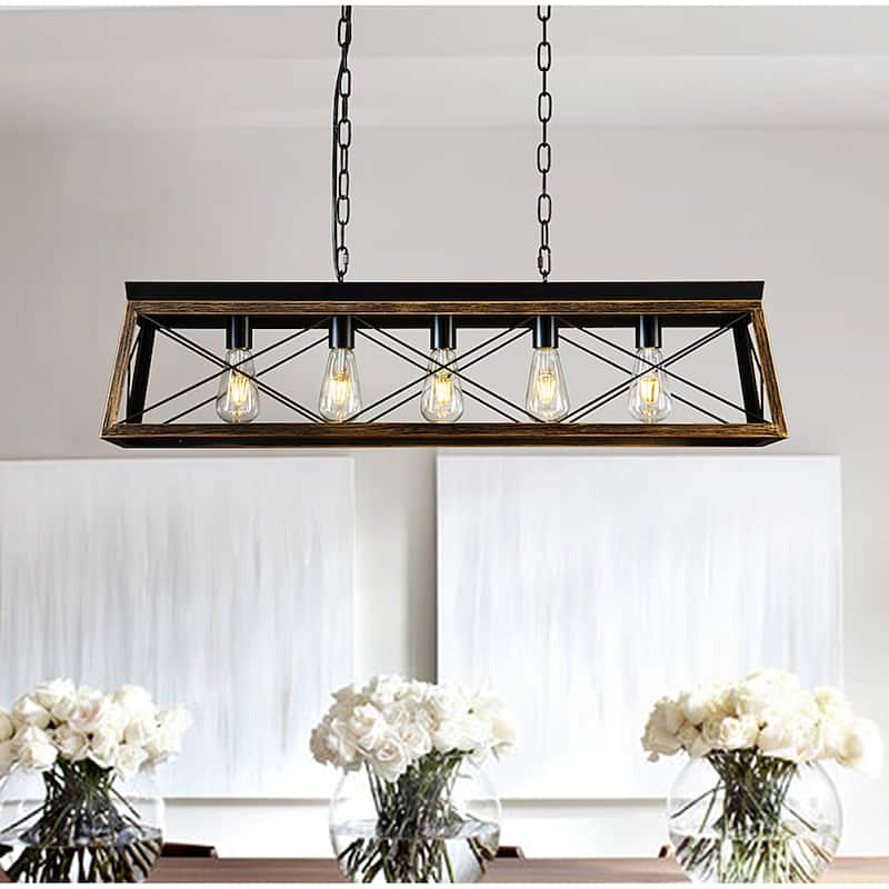 5-Light Square/Rectangle Farmhouse Chandelier For Kitchen Island With Wrought Iron Accents