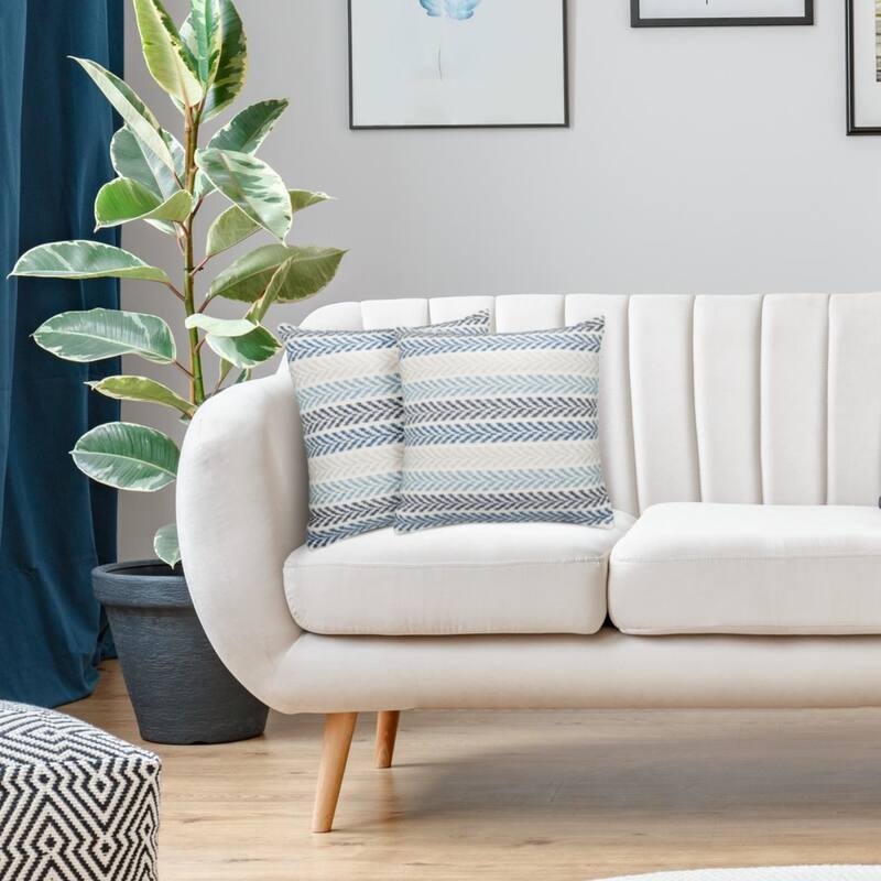 Handwoven Coastal Chevron Throw Pillows - 18" - Blue and Cream - Set of 2