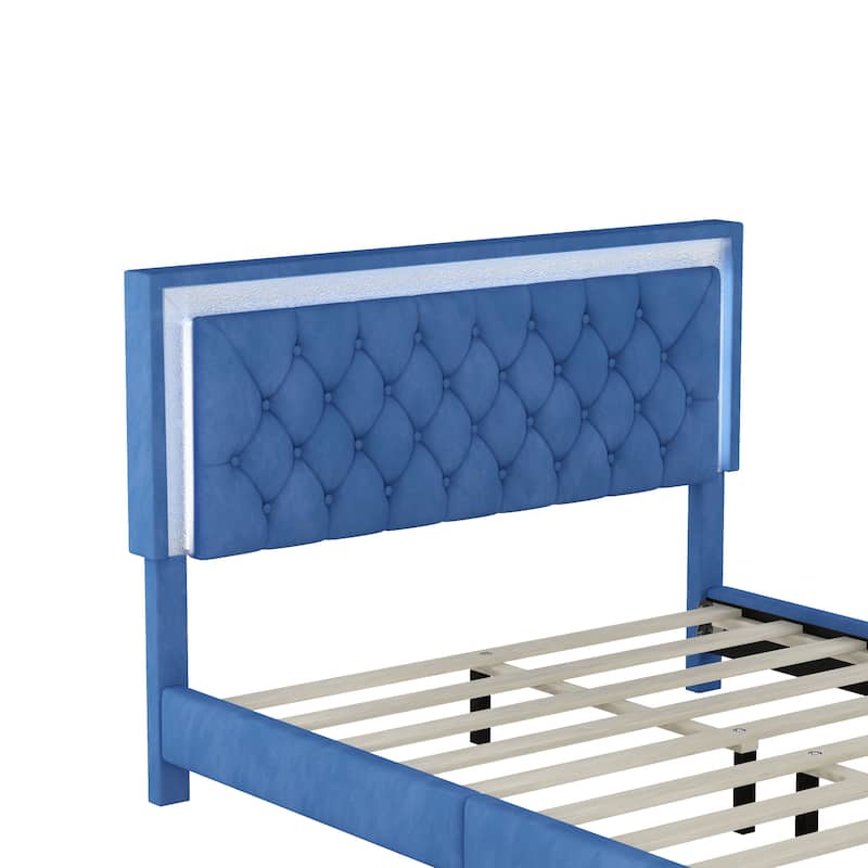 Modern Upholstered Bed Frame with LED Lights and Tufted Headboard
