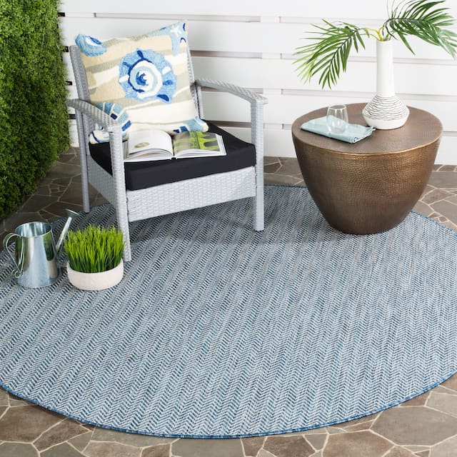 SAFAVIEH Courtyard Carolann Indoor/ Outdoor Waterproof Patio Backyard Rug - 5'3" x 5'3" Round - Navy/Grey