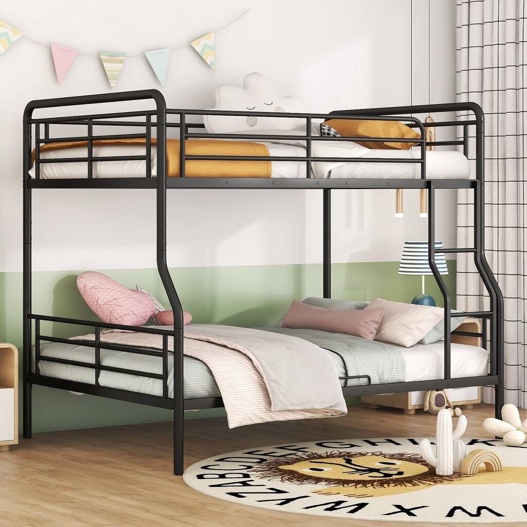 Full XL Over Black Queen Bunk Bed Heavy-Duty Metal Bunk Bed with Ladder & High Guardrail, Convertible into Two Beds