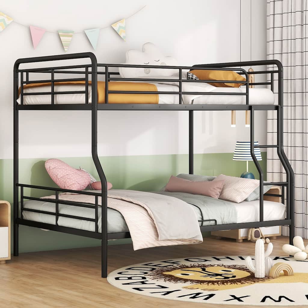 Full XL Over Queen Bunk Bed, Contemporary Iron Frame, Splitable for 2 Beds, Max Weight 350 lbs