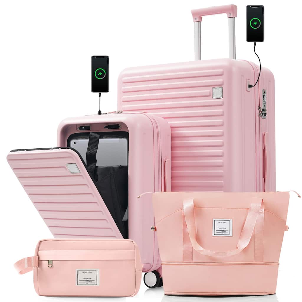 4-Piece Luggage Set with USB Charging Ports - 20in Carry-On (Front-Opening for Laptop) 28in Checked Suitcase with TSA Lock