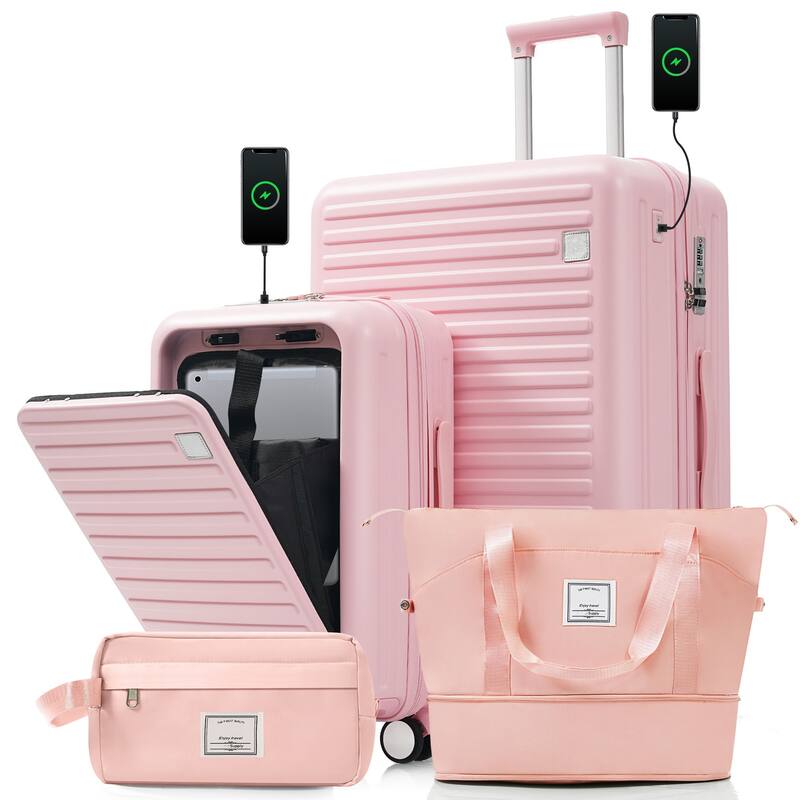Luggage Sets 4 Piece with USB Charging Ports, Front-Opening Hardside Carry On Suitcase Set with TSA Lock Travel Duffel Bag - Pink