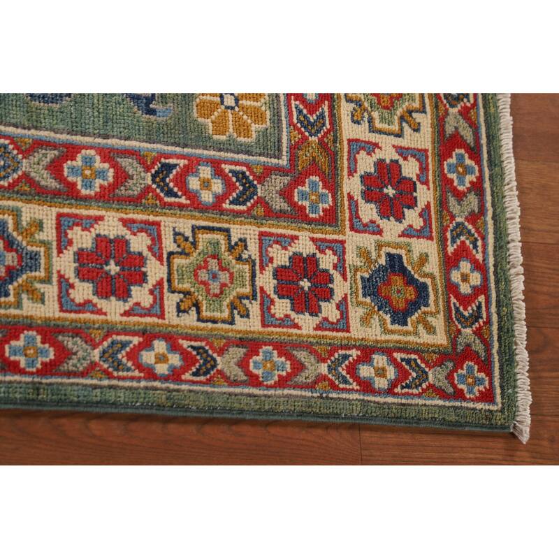 Green Geometric Kazak Accent Rug Handmade Oriental Wool Carpet - 3'4"x 4'10"