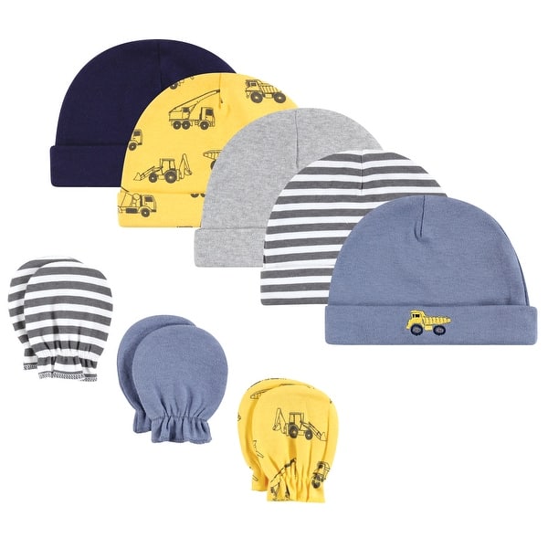 slide 1 of 1, Hudson Baby Infant Boy Cotton Cap and Scratch Mitten Set, Construction, 0-6 Months - Construction 0-6 Months - Construction