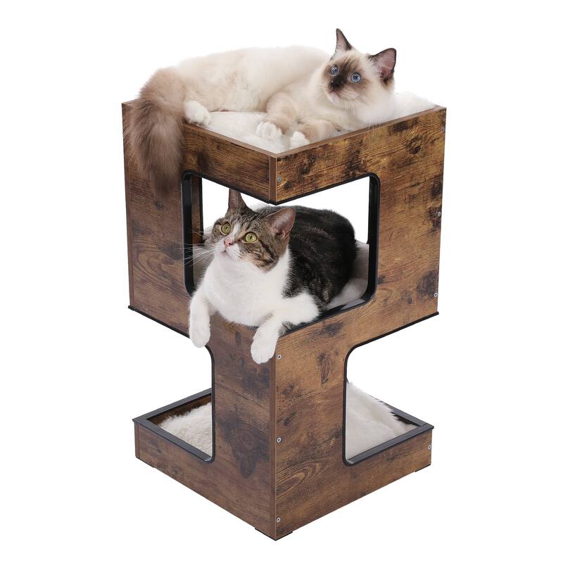 Modern Indoor Cat Tree Cat Condo with Free Cat Toy, Scratching Pad and Removable Soft Mats - Brown