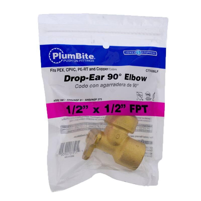Jones Stephens 1/2" FPT PlumBite Push On Drop Ear 90� Elbow, Bag of 1